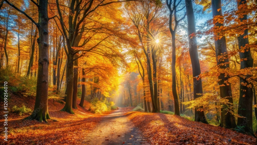 Fototapeta premium Autumnal Path Sunbeams Illuminate Golden Canopy in a Forest of Tall Trees