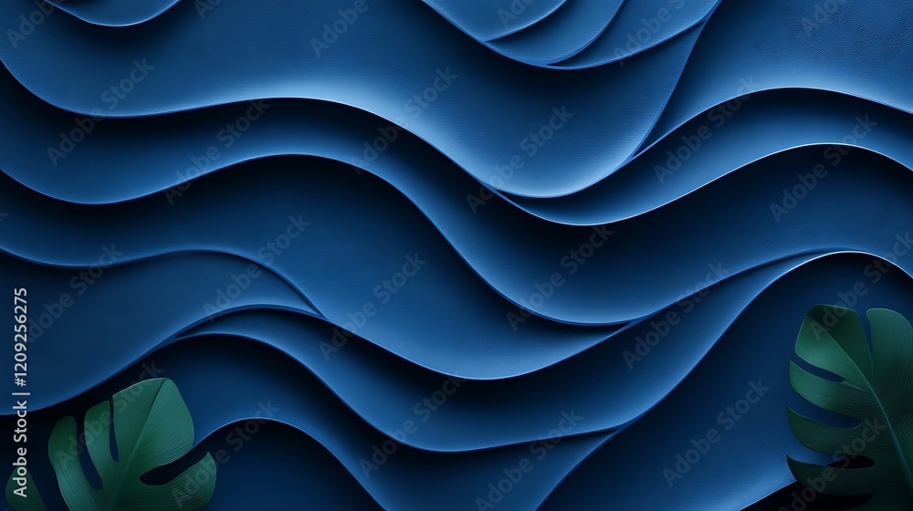 Obraz premium Serene Blue Waves with Tropical Leaves: Abstract Minimalist Background