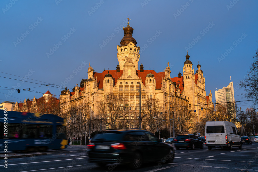 Fototapeta premium Leipzig town hall at sunset in winter. Traffic in the foreground. The last rays of sunlight illuminate the building.