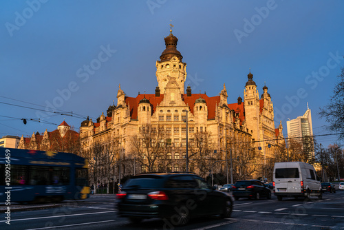  Leipzig town hall at sunset in winter. Traffic in the foreground. The last rays of sunlight illuminate the building.