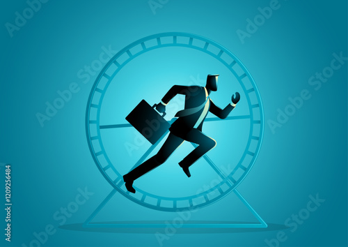 Businessmen competing in hamster wheels, symbolizing the endless cycle of the corporate rat race