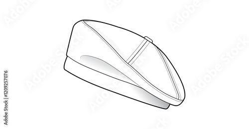 Minimalist Beret Hat Technical Fashion Illustration. Modern Flat-Crown Hat Vector Template. Side View. Streamlined Design. Comfortable Fit. CAD mockup.