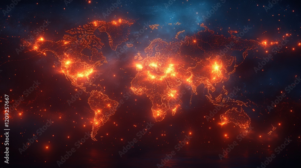 Fototapeta premium Stunning Abstract Visualization of a World Map Highlighting Illuminated Cities Against a Cosmic Background with Fiery Effects and Stars