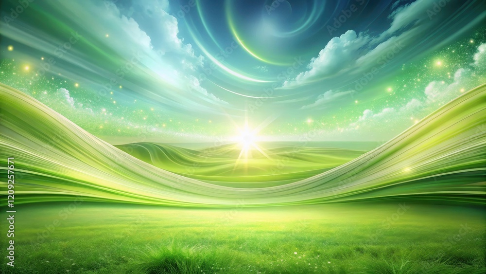 Serene Dreamscape Rolling Green Hills Under a Celestial Sky with Glowing Lights and a Bright Sun Serene Dreamscape Rolling Green Hills Under a Celestial Sky with Glowing Lights and a Bright Sun