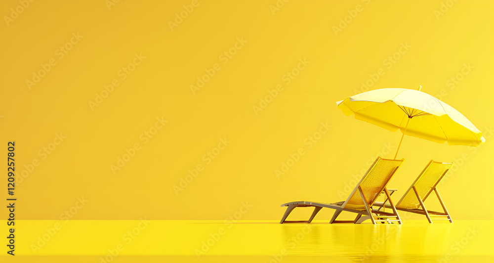 Obraz premium Dwa leżaki i parasol plażowy na żółtym tle