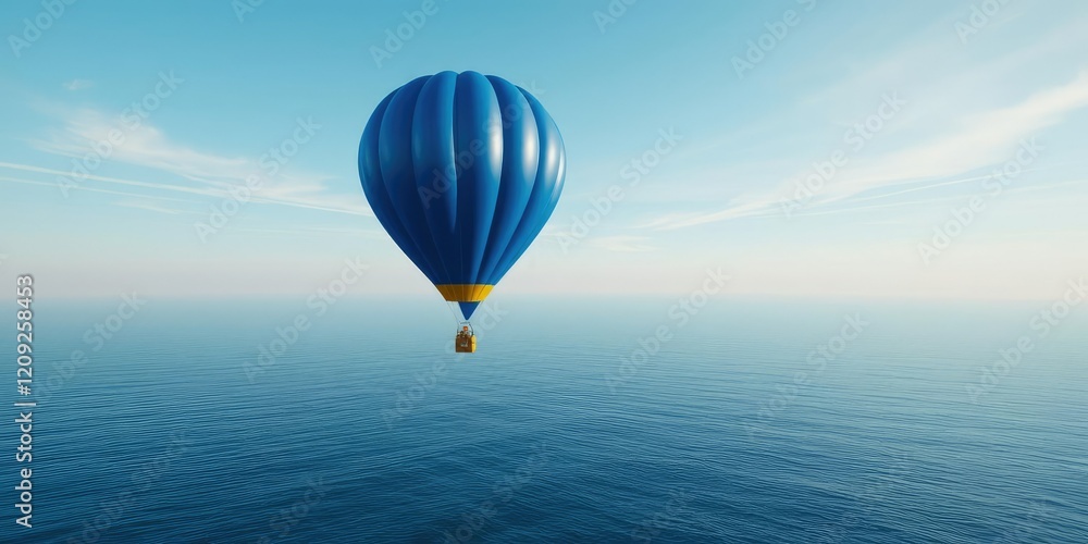 Blue and gold flying balloon soaring above the ocean on a calm sea day, seagulls flying, outdoor scenery, beach scene Blue and gold flying balloon soaring above the ocean on a calm sea day, seagulls flying, outdoor scenery, beach scene