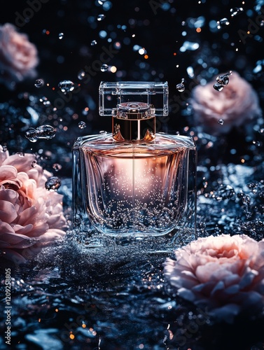 Luxury Perfume Still Life with Water Wave Surround, Promotional Artwork for High-End Fragrance Products photo