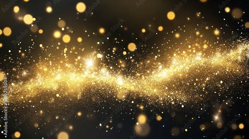 Fototapeta premium Golden glitter dust bursting into radiant trails and floating gently against a dark black background. The dazzling sparkles exude elegance,
