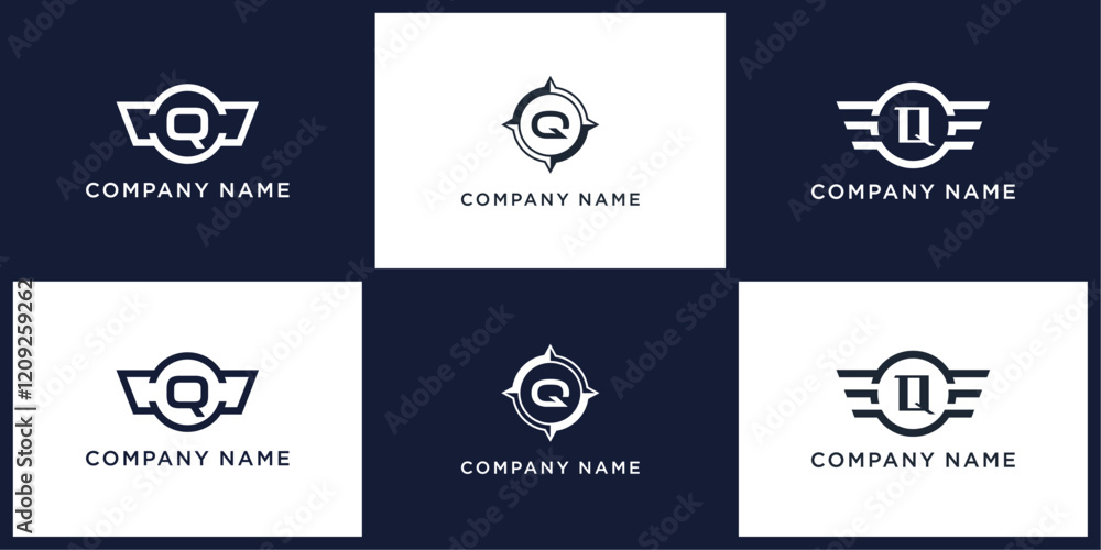 Q letter logo set with compass, wing, and ring, editable vector bundle Q letter logo set with compass, wing, and ring, editable vector bundle