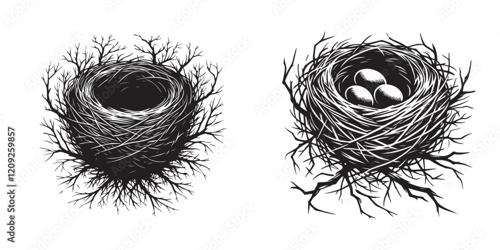 Obraz premium Set of black silhouette birds nest and eggs
