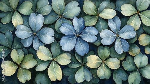 Watercolor painting of blue and green four-leaf clover pattern.