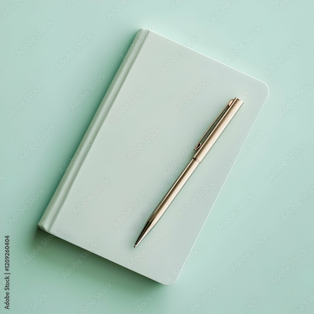 Notebook and metallic pen in mint background Notebook and metallic pen in mint background