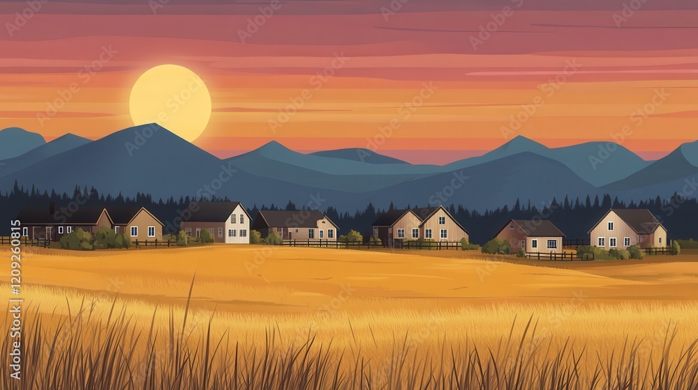 Fototapeta premium Serene Sunset Over Rural Village Nestled in Mountain Valley