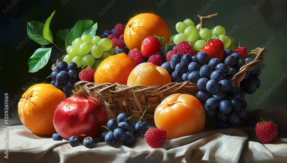 Bountiful harvest of vibrant fruits displayed in a woven basket on a textured cloth under soft lighting, radiating freshness and abundance. Generative AI Bountiful harvest of vibrant fruits displayed in a woven basket on a textured cloth under soft lighting, radiating freshness and abundance. Generative AI