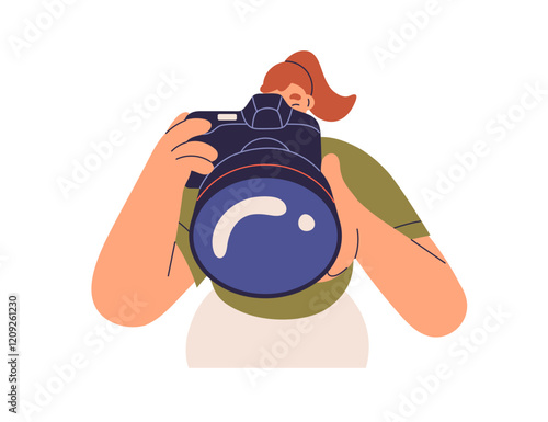 Photographer with camera, taking photo with professional lens. Capturing creative photography shot, photographing, shooting with digital cam. Flat vector illustration isolated on white background