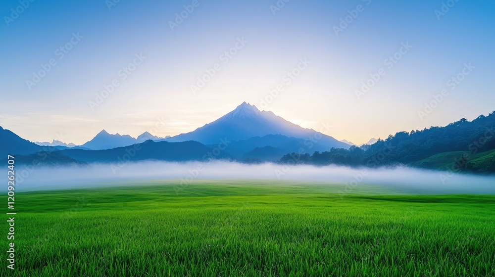 Fototapeta premium Majestic mountain sunrise over misty paddy field. Ideal for travel brochures
