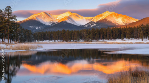 Wallpaper Mural Sunrise Over Snow-Capped Peaks, Golden Mountain Reflection in Lake, Serene Winter Landscape. Torontodigital.ca