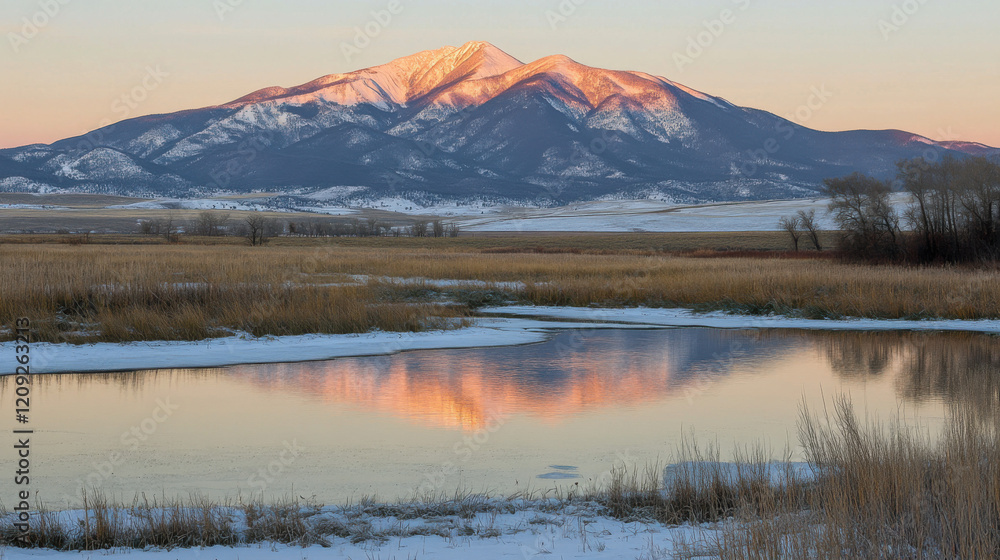 Sunrise Over Snow-Capped Peaks, Golden Mountain Reflection in Lake, Serene Winter Landscape. Sunrise Over Snow-Capped Peaks, Golden Mountain Reflection in Lake, Serene Winter Landscape.