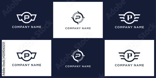 P letter logo set with compass, wing, and ring, editable vector bundle