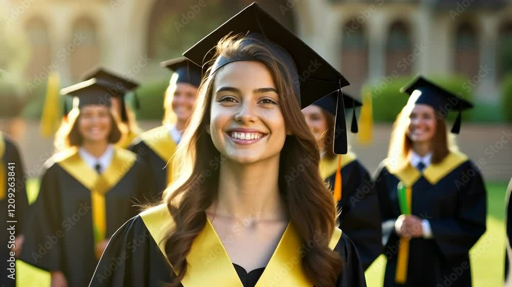 Smiling Graduate in Cap and Gown at Graduation Ceremony Smiling Graduate in Cap and Gown at Graduation Ceremony