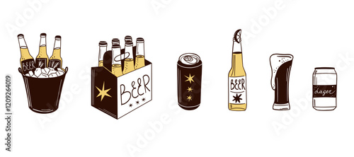 Beer set. Bottle, glass and can. Alcohol beverages, ale, lager and ipa, craft foam barrel or brewery. Oktoberfest festival symbols. Different pub and bar drinks. Vector isolated illustration