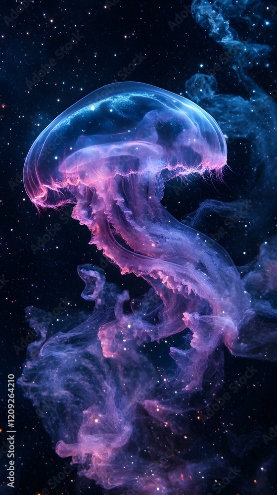 Naklejka premium Illustration - Cosmic Jellyfish Nebula, Stars, Galaxy, Purple, Blue