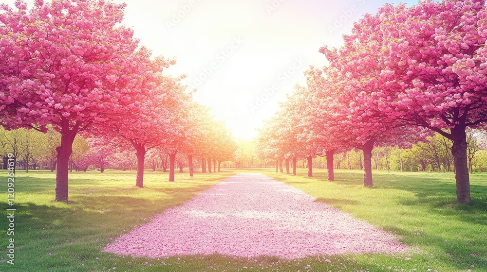 Naklejka premium Pink blossom trees line a path; sunlit spring park