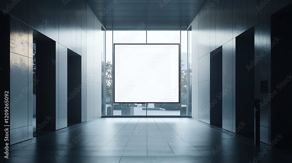 Modern Office Lobby with Blank Billboard Mockup Modern Office Lobby with Blank Billboard Mockup