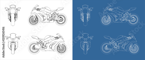 set race motorcycle sportbike. set technical drawing  of blueprints isolated on transparent background