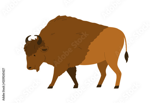 Bison, large wild mammal. Horned animal with fluffy fur, walking. Majestic powerful herbivore fauna. Forest buffalo profile, side view. Flat graphic vector illustration isolated on white background