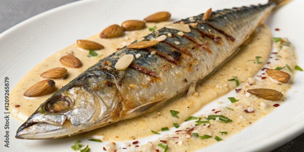 Close-up of grilled mackerel with almond sauce, alder wood smoke, juicy fish, healthy eating, fish on grill, entree Close-up of grilled mackerel with almond sauce, alder wood smoke, juicy fish, healthy eating, fish on grill, entree