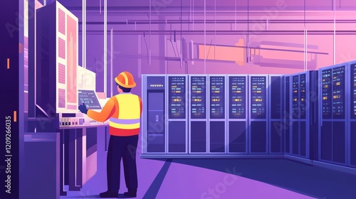 Managing Data in a Modern Server Room During the Late Afternoon With Colorful Lighting