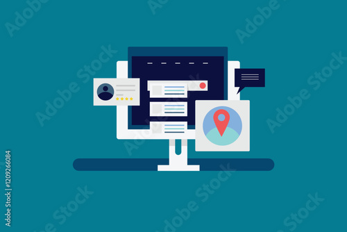 SEO optimization, Business address on Search engine maps, Website SEO, Store location on search result. Vector illustration concept