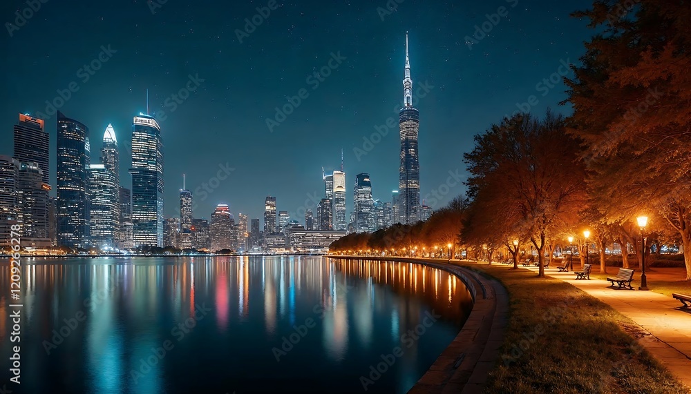 A stunning nighttime view of a city skyline illuminated by blue lights, reflecting on a calm river