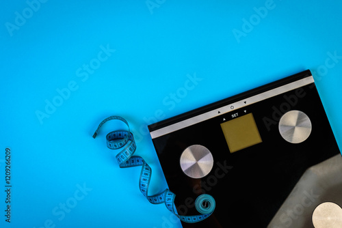 Black digital weight scale with tape measure on blue background. photo