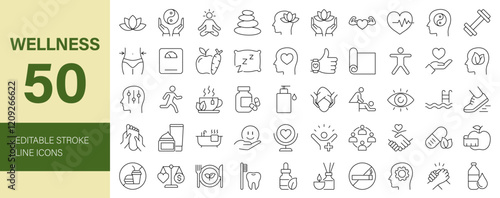 Wellness Line Editable Icons set. Vector illustration in thin line modern style of health related icons: mental health, healthcare, spa, medical, wellbeing, yoga, meditation, lifestyle, and more.