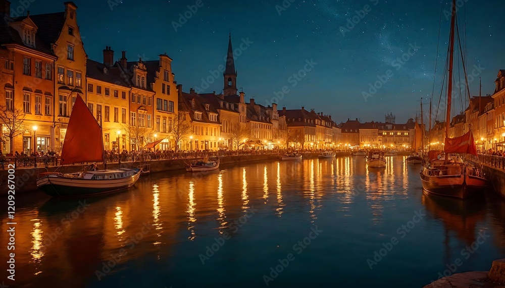 Fototapeta premium A stunning nighttime view of a city skyline illuminated by blue lights, reflecting on a calm river