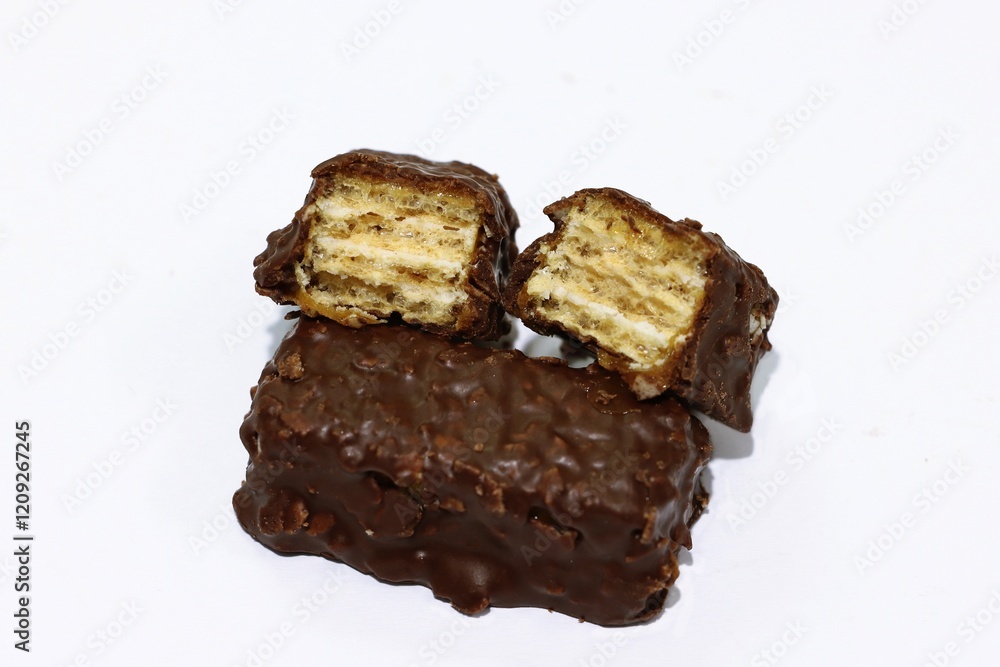 Chocolate caramel wafer bar candy, isolated Chocolate caramel wafer bar candy, isolated
