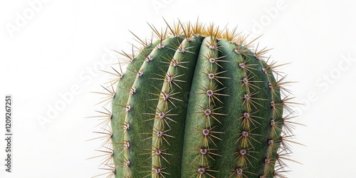 Close-up of the top of a small cactus on white background, single specimen, white, background photo