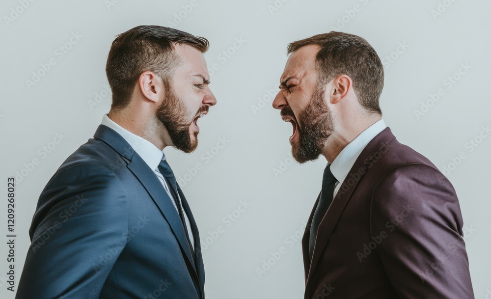 Two handsome men in suits, one with short hair and the other bald, face each other, their expressions intense Two handsome men in suits, one with short hair and the other bald, face each other, their expressions intense