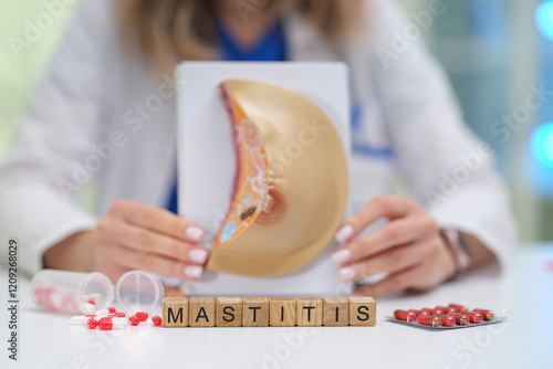 This educational visual presentation on mastitis includes an anatomical model and medication representation