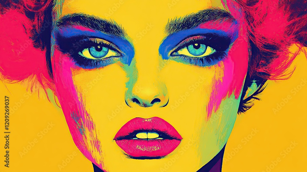 Obraz premium Illustration of a beautiful woman with colorful makeup and abstract face in close-up view highlighting her eyes, lips and skin with a stylish and glamorous fashion feel