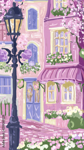 Spring Town Cafe and Flower Shop, artistic concept, soft lighting and radiant atmosphere. Ideal wallpapers for mobile phones and computers.