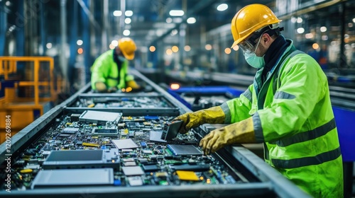 Recycling Plant Workers Sorting Electronics on Conveyor Belt. Workers in protective gear process and categorize electronic waste