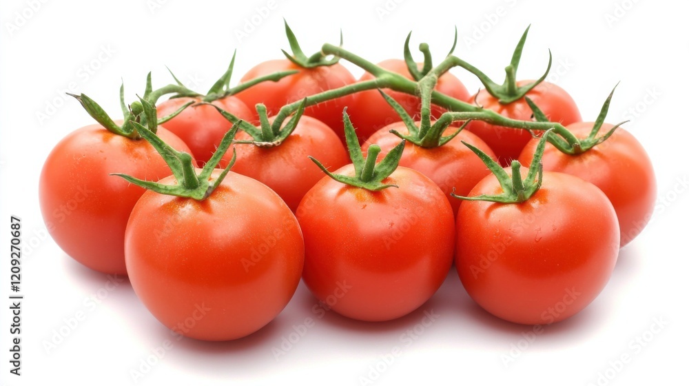 A bunch of fresh, ripe tomatoes with their smooth, shiny skins and small green stems A bunch of fresh, ripe tomatoes with their smooth, shiny skins and small green stems