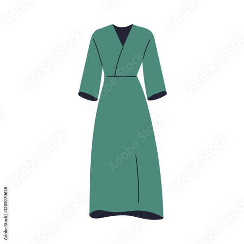 Long wrap dress. Women clothes, casual attire with v-neckline, fitted waist. ...
