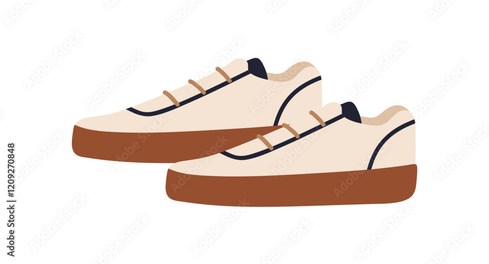 Naklejka premium Sneakers, footwear pair in casual style. Comfortable modern sport shoes in stylish design. Trendy comfort trainers, urban foot wear. Flat graphic vector illustration isolated on white background