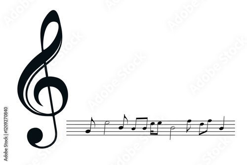 Black treble clef sign, decorated music key symbol, musical melody illustration, notes sound icons. Musical background, design fest card, jazz poster, concert performance banner. Copy space, isolated