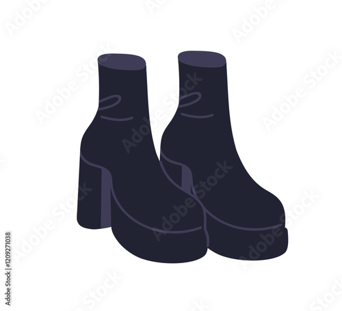 Ankle boots with chunky platform sole. Trendy modern footwear with block heel, sock style, design. Stylish fashion seasonal shoes pair for women. Flat vector illustration isolated on white background