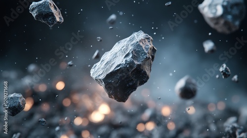 Realistic 3D rendering of a meteorite falling in space with explosion and debris, usecase for astronomy and geology themes photo